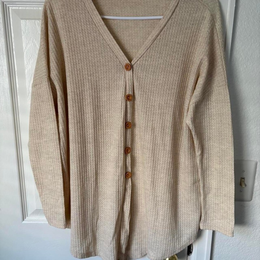 Womens Cream Waffle Knit Button Up Long Sleeve Top V-Neck Thermal Tan XL